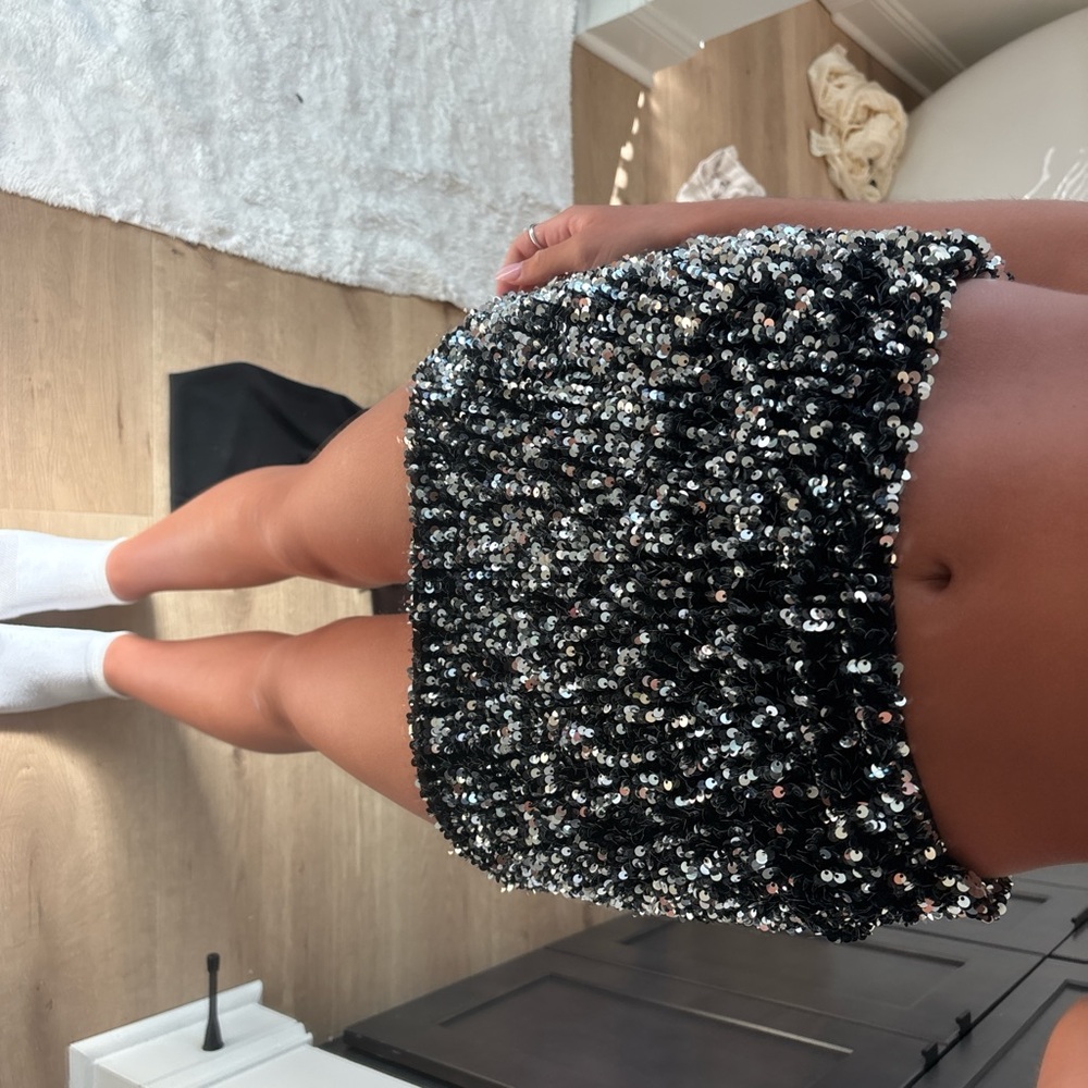 Fashion Nova Black and Silver Sequin Mini Skirt